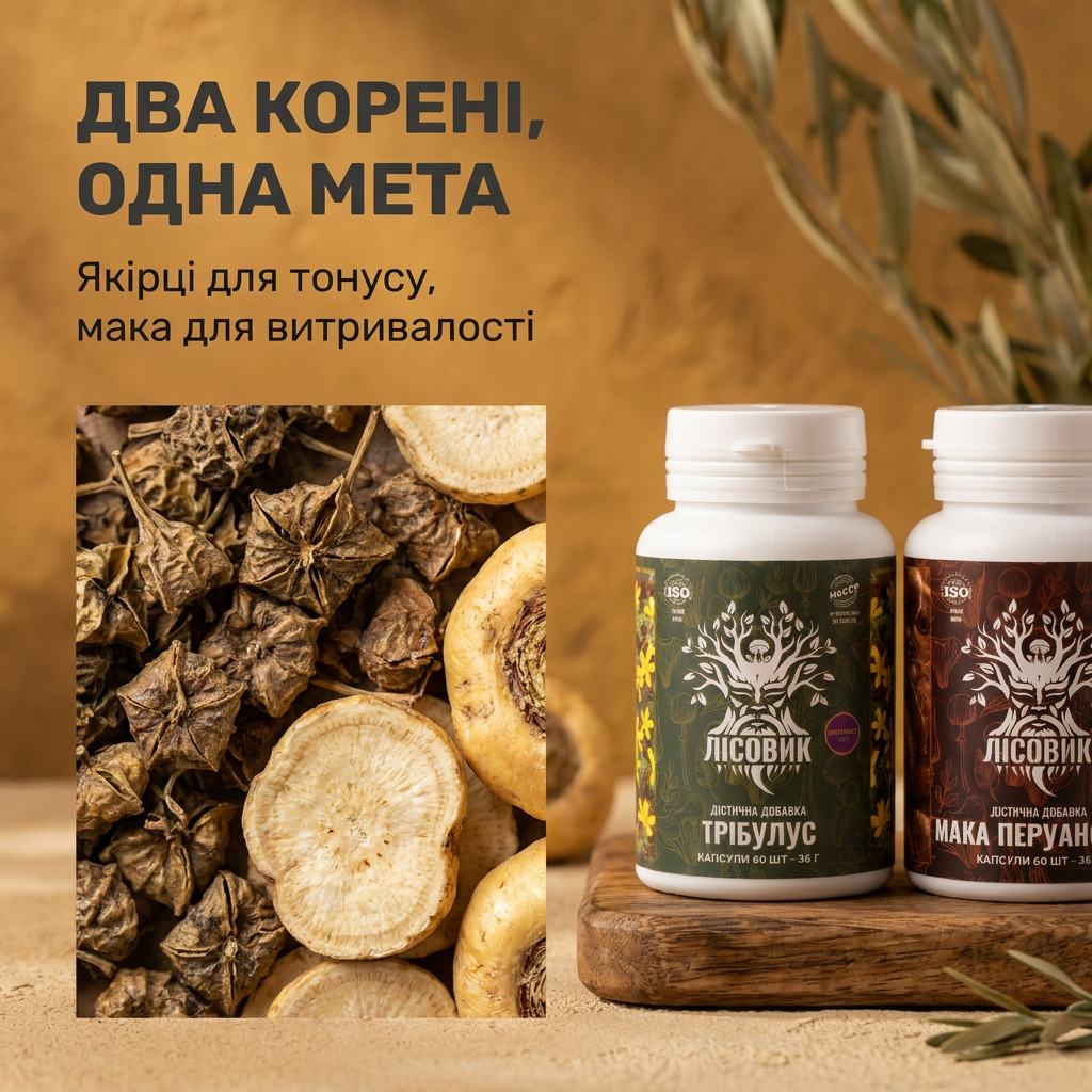 Капсулы трибулуса и маки перуанской Лісовик крупным планом на светлом столе