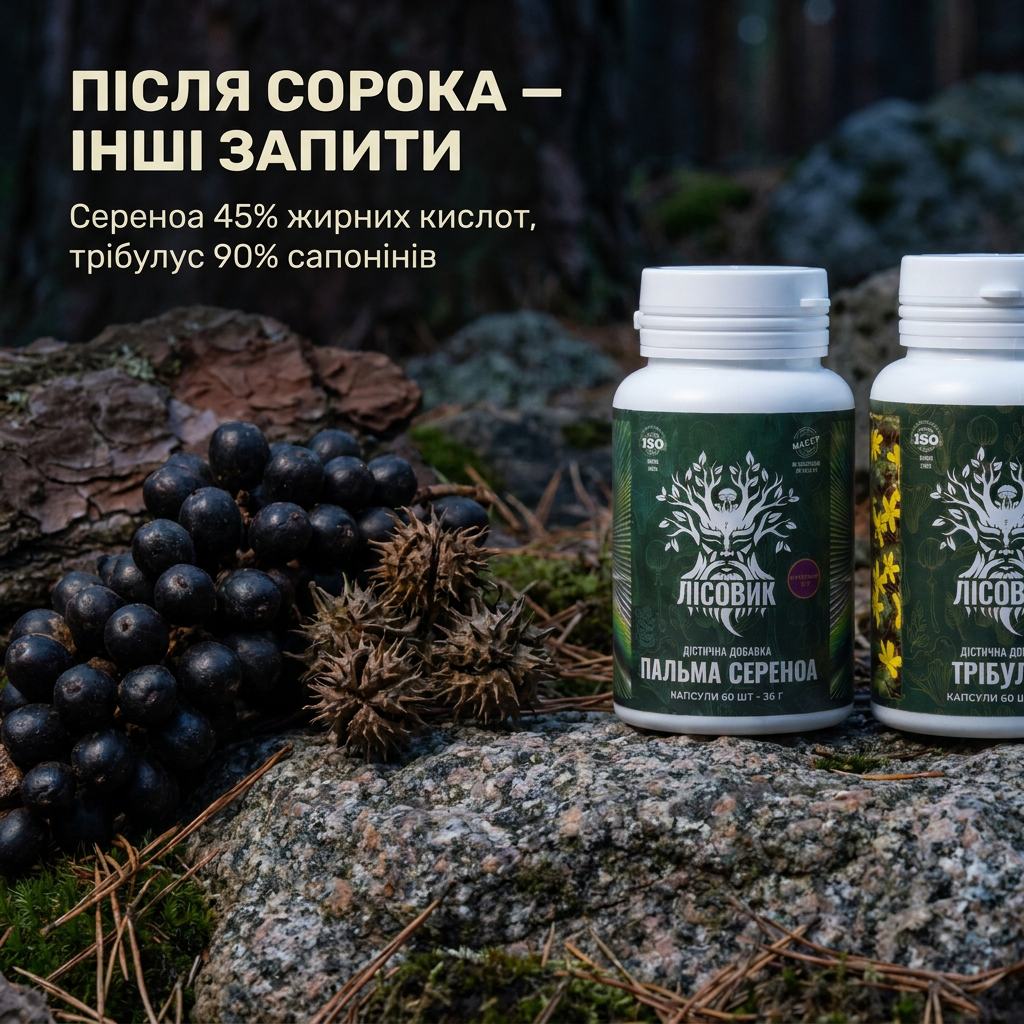 Капсулы пальмы сереноа и трибулуса Лісовик крупным планом на светлом столе