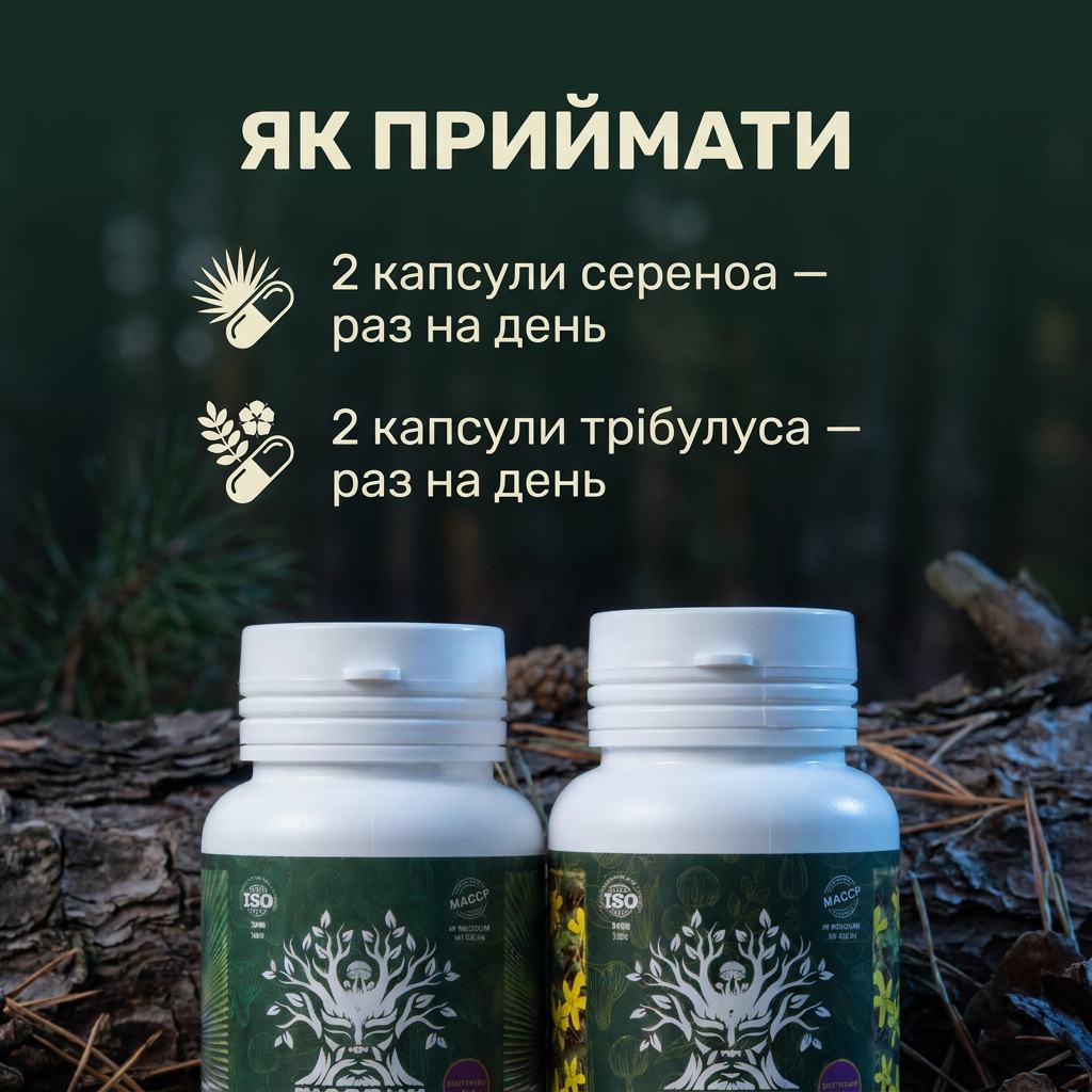 Схема приёма курса «Мужская опора 40+» Лісовик: четыре капсулы сереноа и трибулуса за один приём во время обеда
