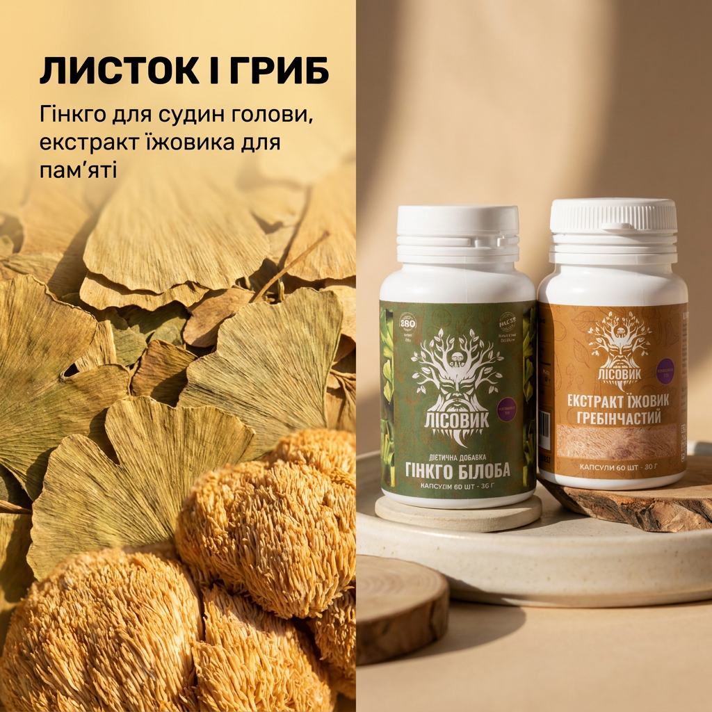 Капсули екстракту гінкго білоба та екстракту їжовика гребінчастого Лісовик крупним планом на світлому столі