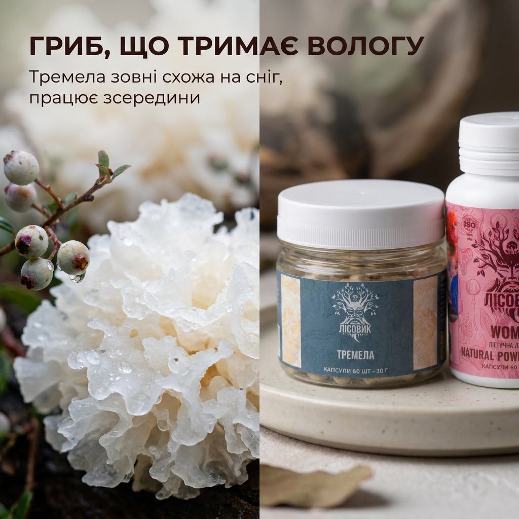 Капсулы тремеллы и WOMEN Natural Power Formula Лісовик крупным планом на светлом столе