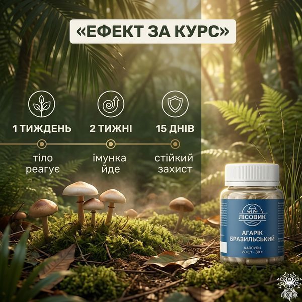 Гриб Агарік бразильський, капсули 60 шт по 0.5 г, Лісовик &mdash; фото товару