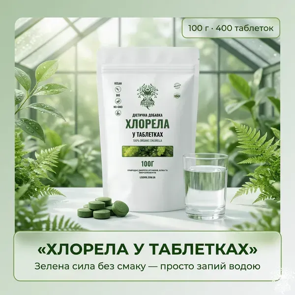 Хлорела Таблетки 100 г — дієтична добавка ТМ «Лісовик»