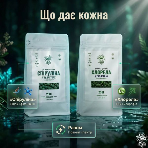 Набір &laquo;Повний спектр&raquo;: спіруліна + хлорела у таблетках 250+250 г Мікродозинг фото