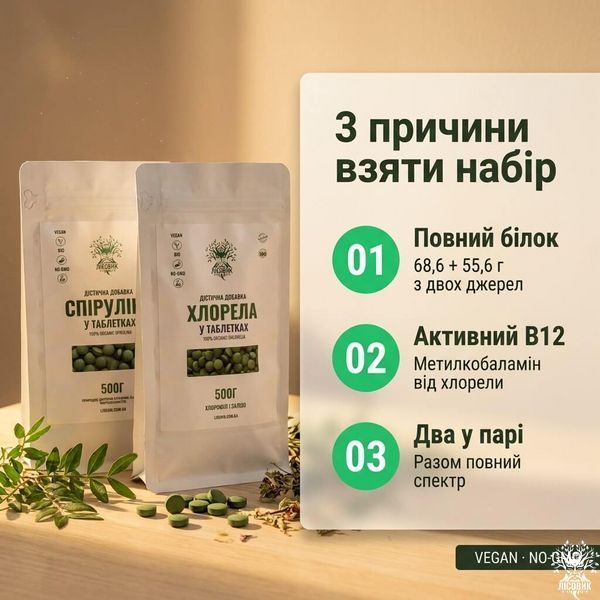 Набір &laquo;Повний спектр&raquo;: спіруліна + хлорела у таблетках 500+500 г Мікродозинг фото