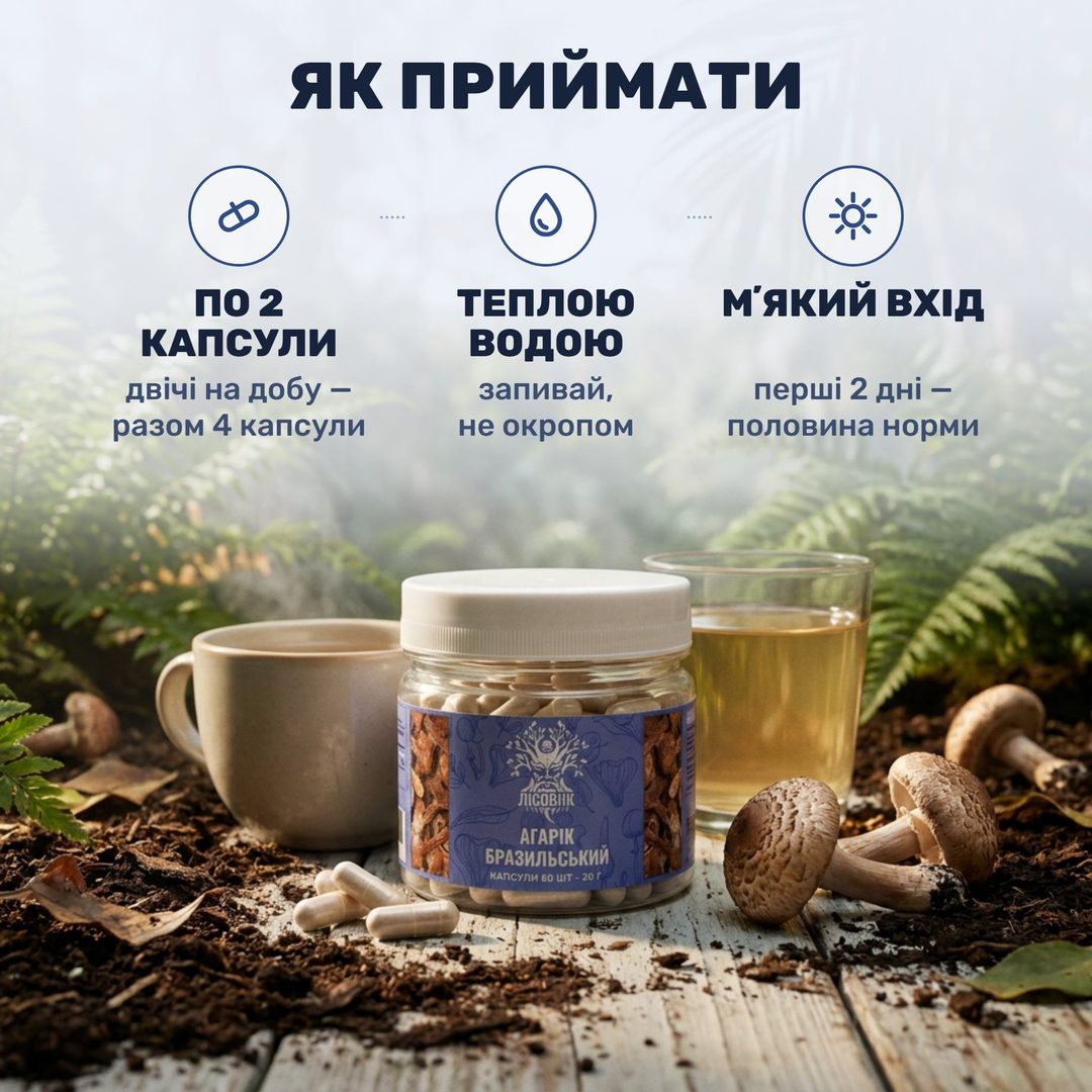 Банка агарика бразильського в капсулах Лісовик і чотири капсули біля склянки теплої води
