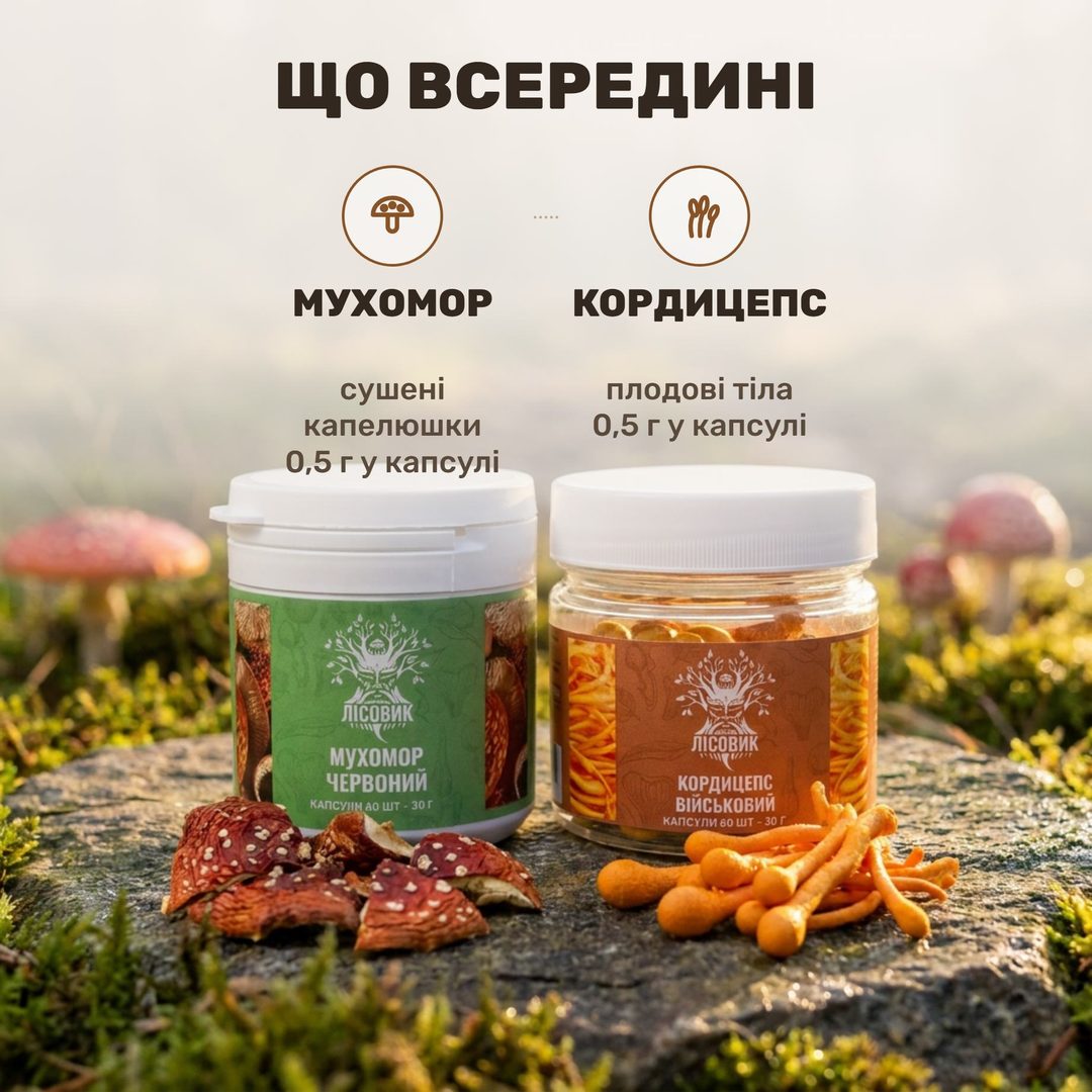 Дві банки курсу «Активний день» від Лісовик: мухомор червоний і кордицепс військовий