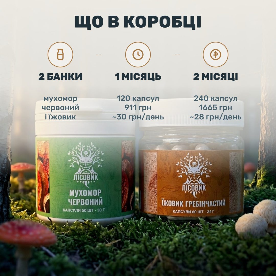 Курс Антистрес Лісовик: банка мікродозингу мухомора червоного і банка їжовика гребінчастого у капсулах