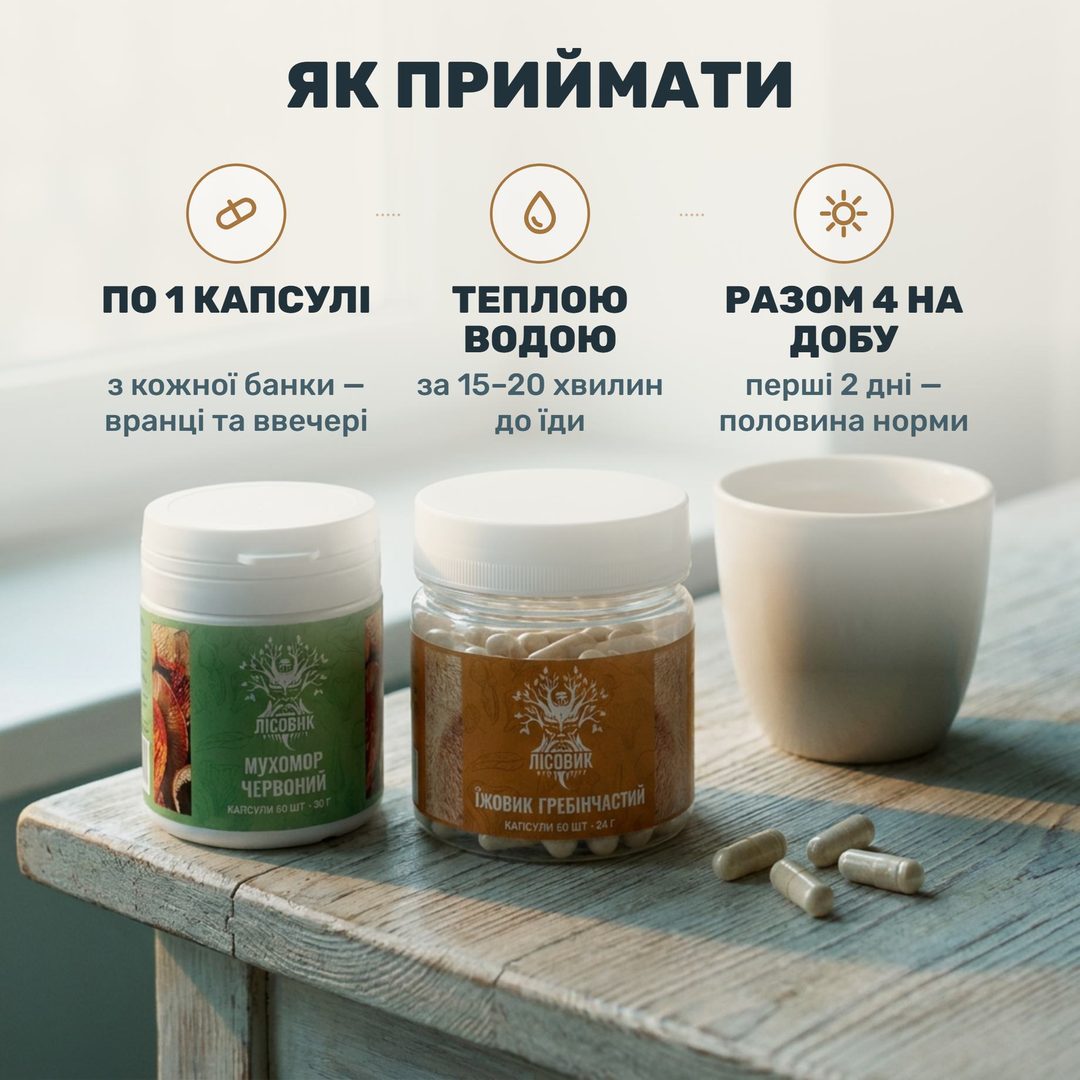 Дві банки курсу Антистрес Лісовик — мухомор червоний і їжовик гребінчастий поруч зі склянкою води