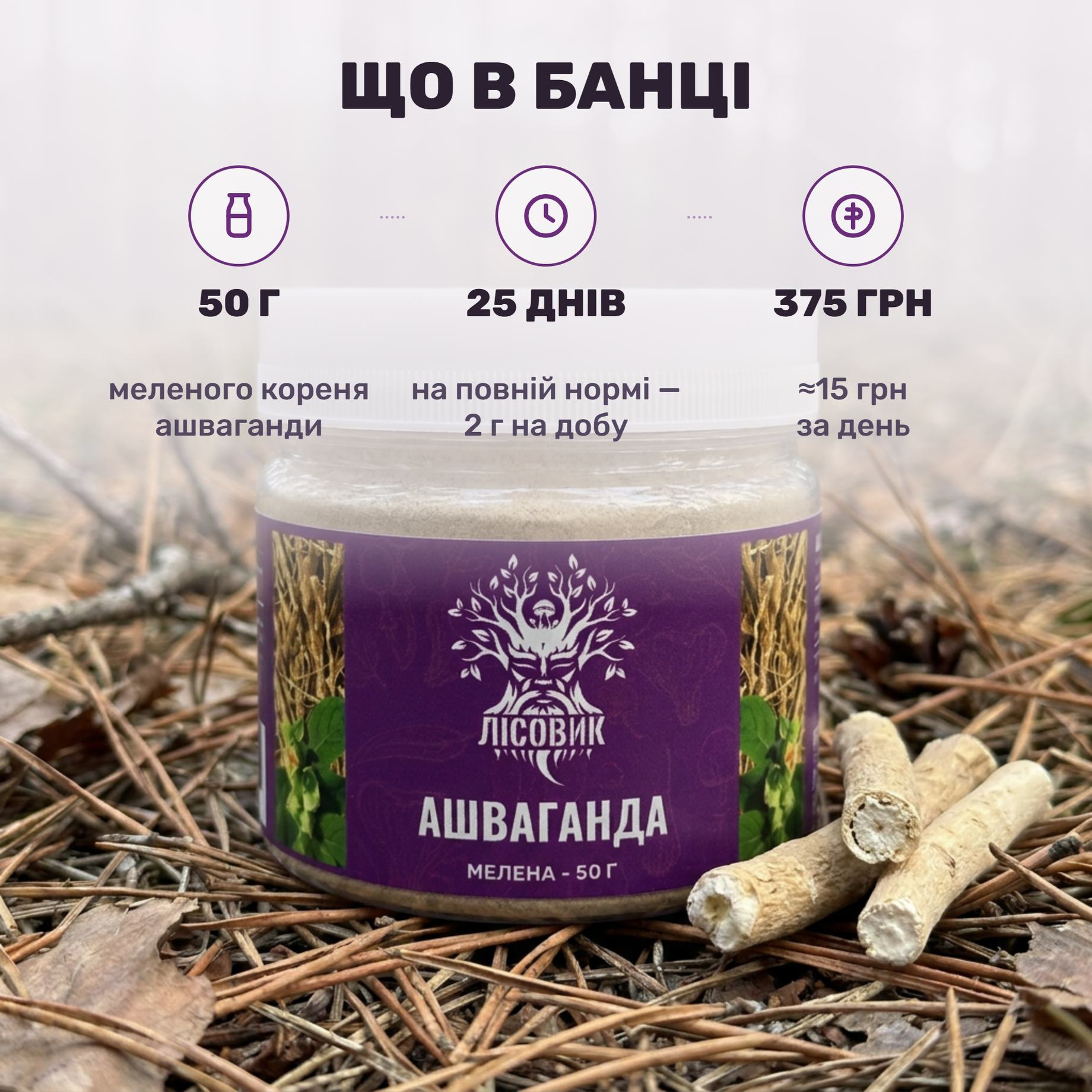 Мелений корінь ашваганди Лісовик — порошок Withania somnifera і шматочки сушеного кореня