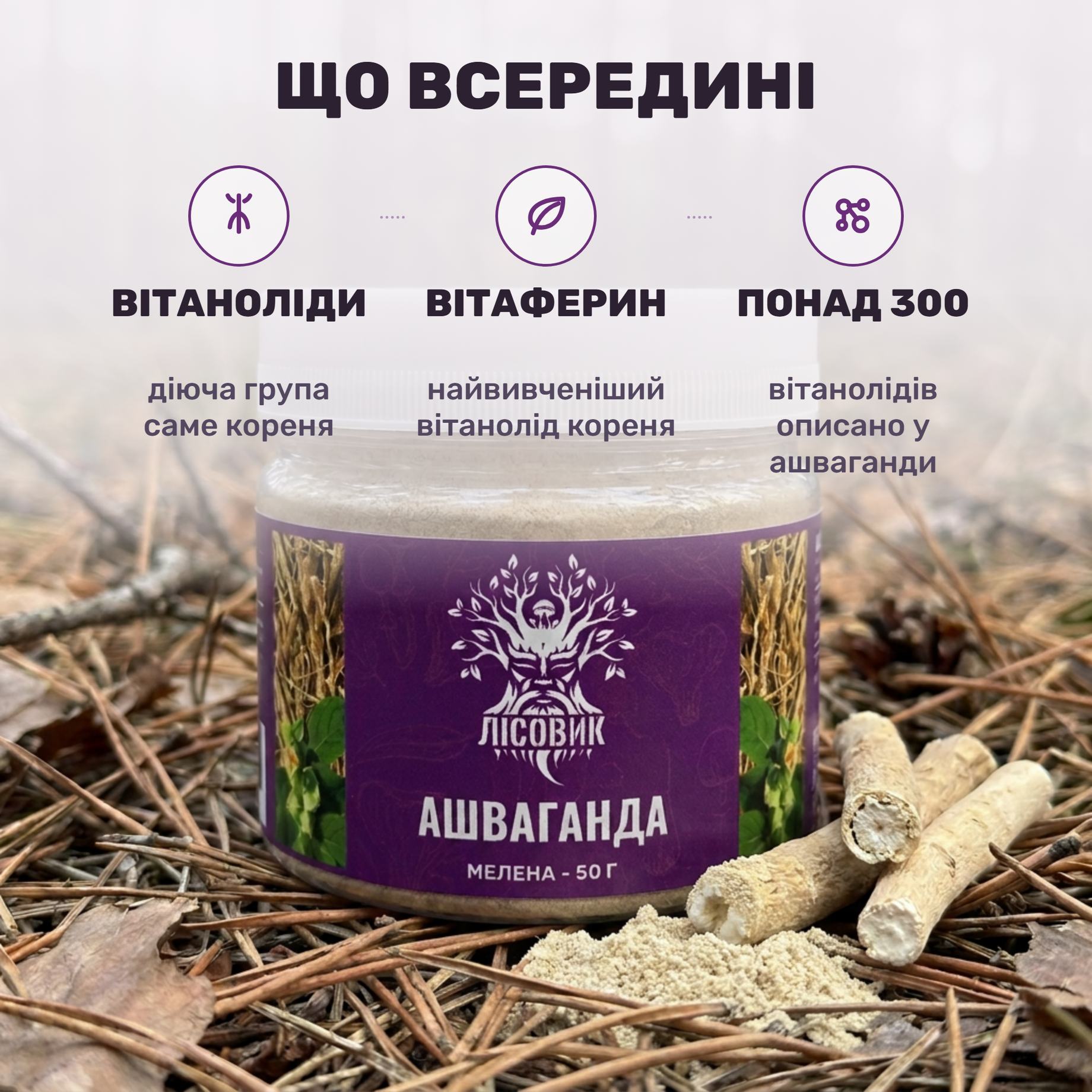 Прозора банка меленого кореня ашваганди Лісовик і гірка порошку поруч