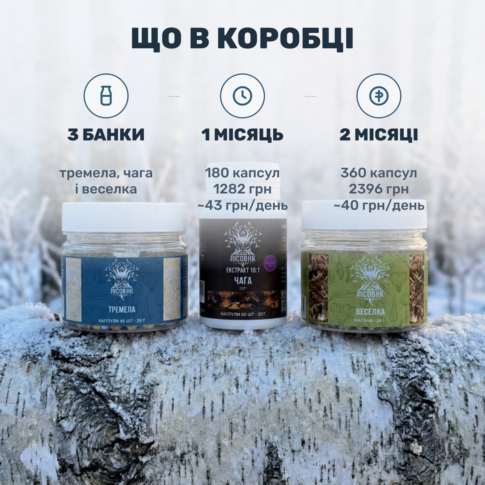 Курс Beauty Glow Лісовик: три банки капсул — чага-екстракт, тремела і веселка