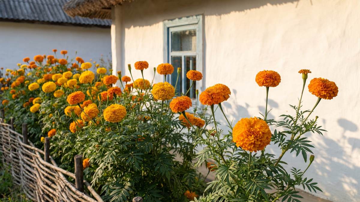 Клумба прямостійних чорнобривців біля білої мазаної хати з блакитним віконцем у вечірньому сонці: високі кущі сягають вікна, великі махрові помаранчеві й жовті квітки-кулі стоять на довгих квітконосах над темно-зеленим пірчастим листям, ліворуч плетений тин