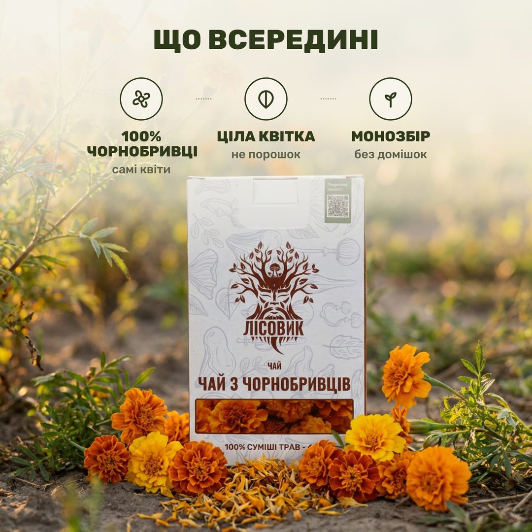 Сушёные цветки бархатцев россыпью и стеклянный чайник с золотисто-жёлтым настоем
