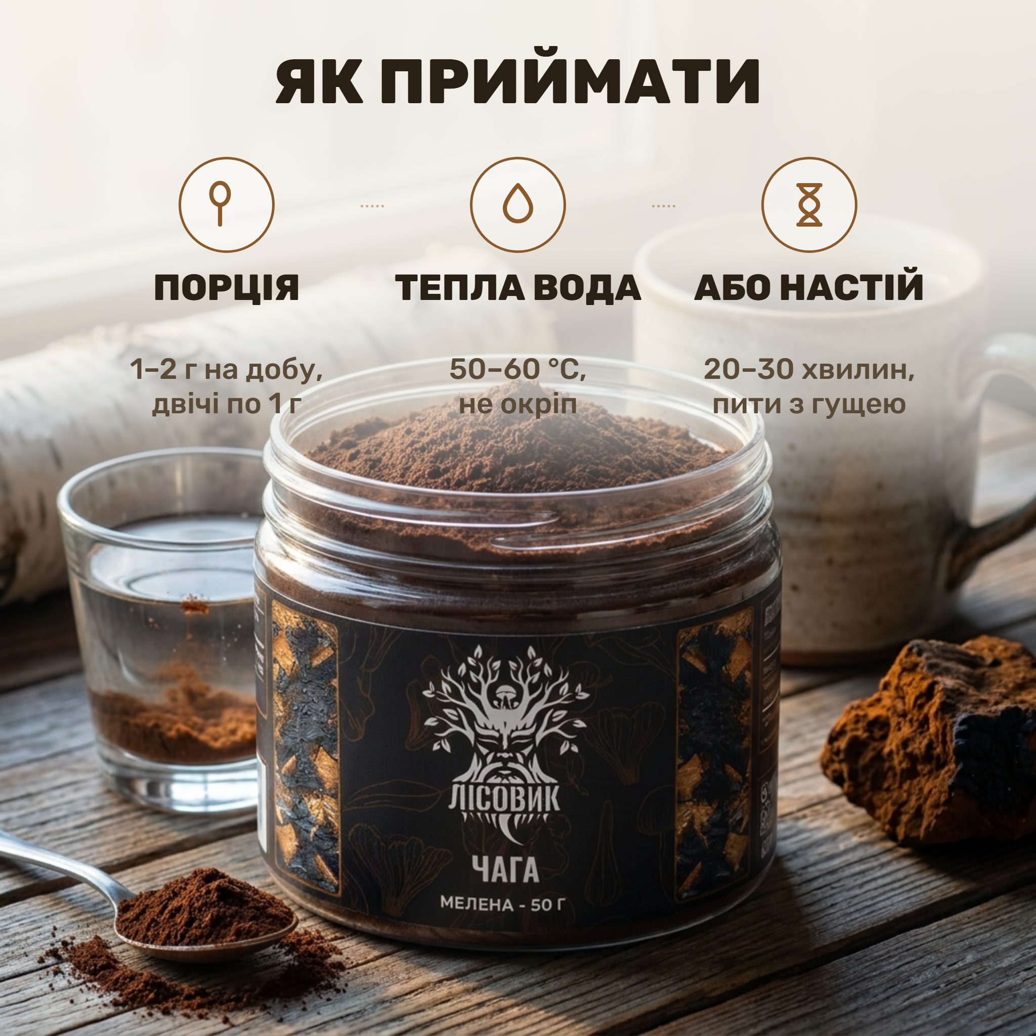 Чашка теплого настою чаги, поряд ложка темного порошку й банка Лісовик 50 г на дерев'яному столі
