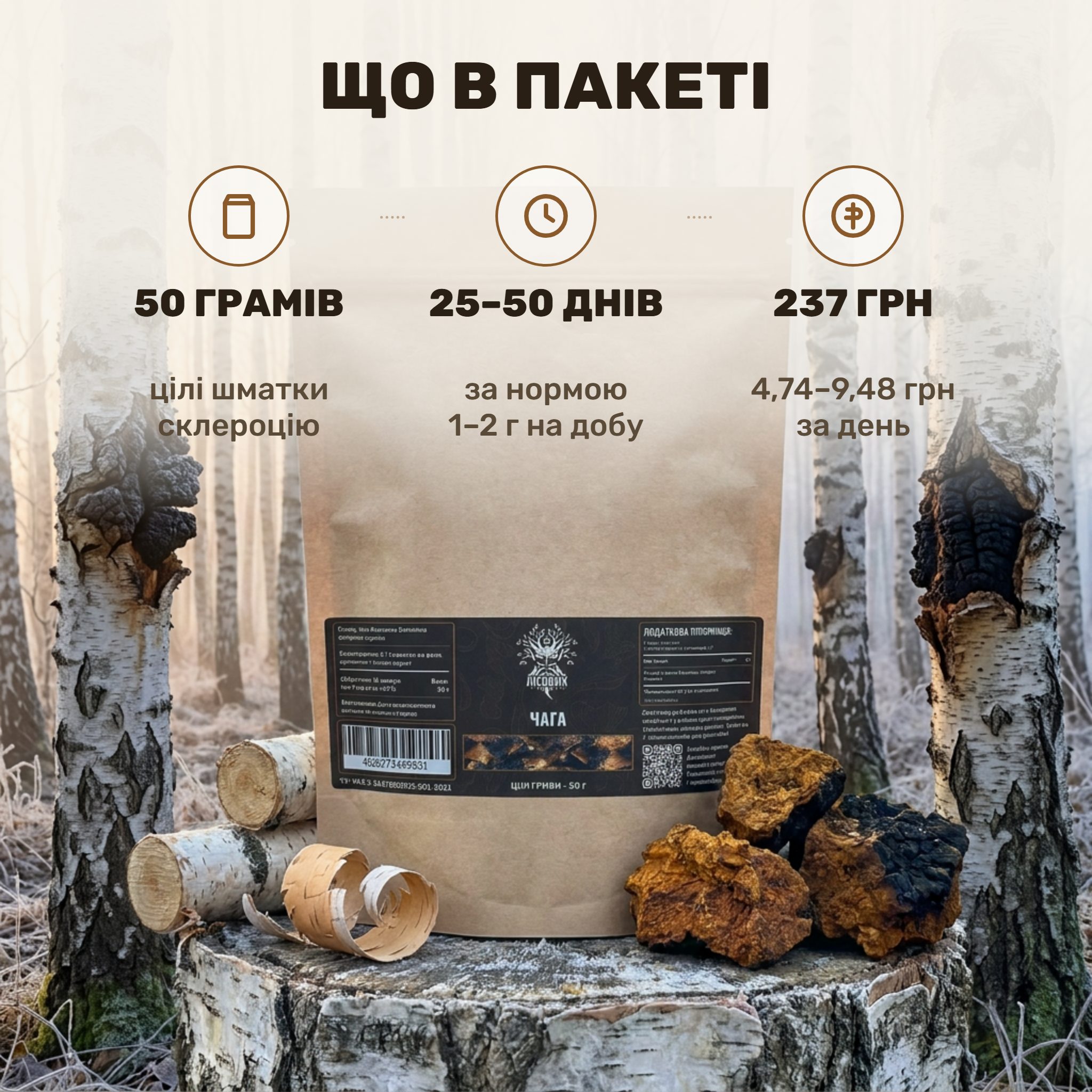 Гриб чага берёзовая целая Лісовик — сушёные куски 50 г с чёрной растрескавшейся коркой и рыжей сердцевиной на деревянной доске