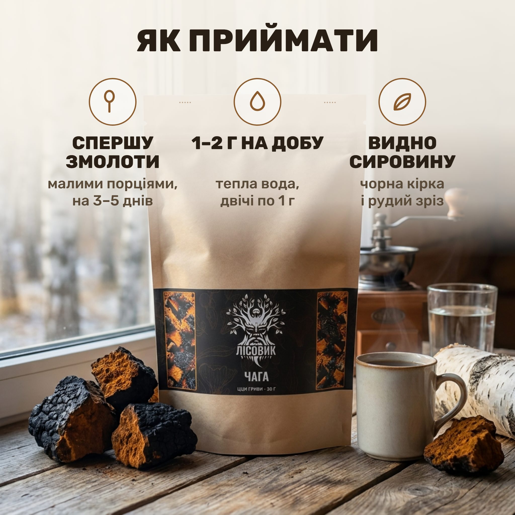 Чага берёзовая целая Лісовик — кусок 50 г, измельчённый гриб в ложке и чашка тёплого настоя на деревянном столе