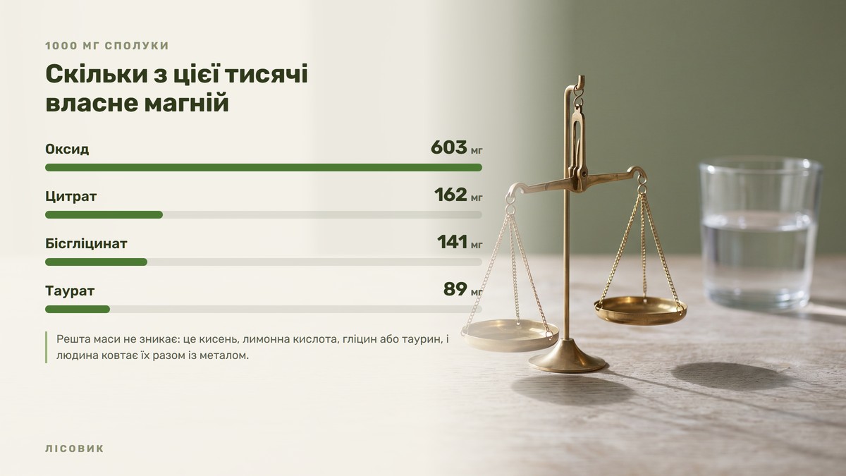 Інфографіка Лісовик: у 1000 мг сполуки магнію 603 мг металу в оксиді, 162 мг у цитраті, 141 мг у бісгліцинаті і 89 мг у таураті