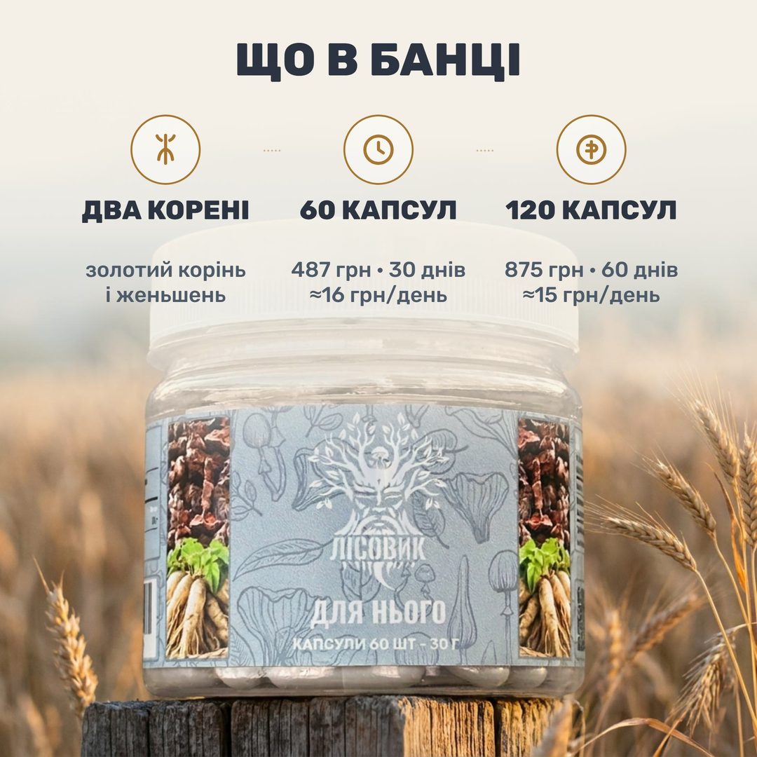 Прозрачная банка «Для него» Лісовик с голубой этикеткой — капсулы золотого корня и женьшеня видно сквозь стенку