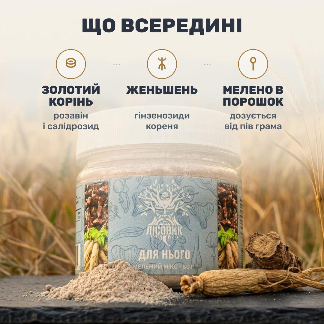 Прозора банка меленої суміші Лісовик «Для нього» з блакитною етикеткою, поруч ложка золотисто-коричневого порошку із золотого кореня й женьшеню та чашка теплої води