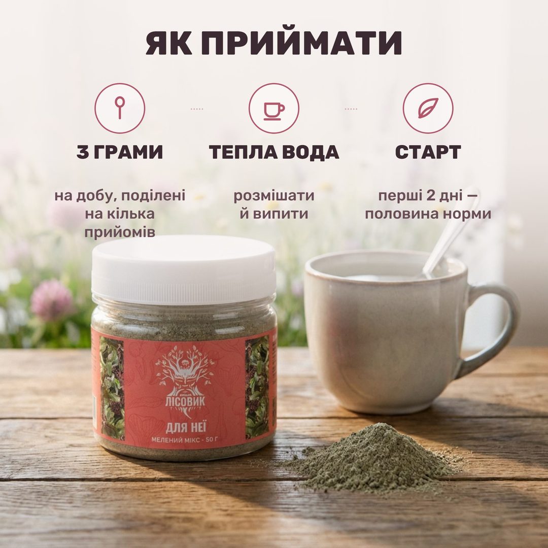 Ложка трав'яного помелу борової матки й червоної щітки та чашка теплої води на дерев'яному столі, поряд банка «Для неї» 50 г