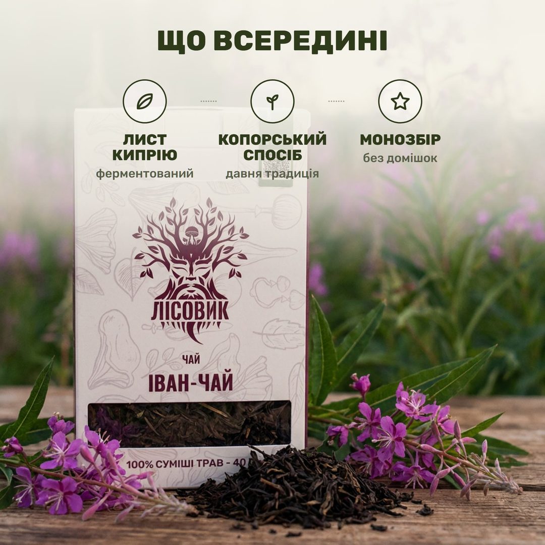 Сухий ферментований лист іван-чаю Лісовик у дерев'яній ложці поряд із коробкою 40 г