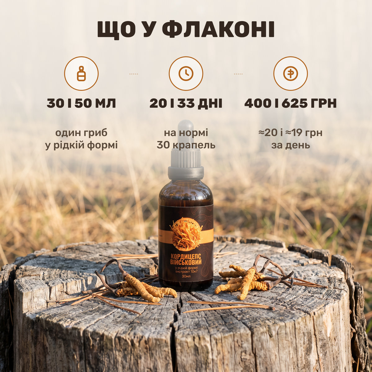 Флакон жидкого экстракта кордицепса Лісовик с пипеткой на светлом столе