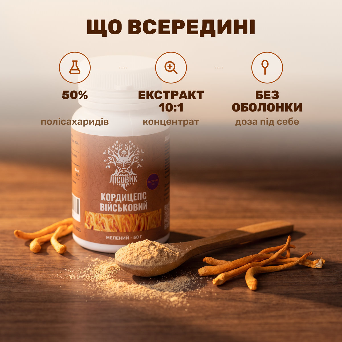 Банка молотого экстракта кордицепса 10:1 Лісовик и мерная ложка порошка