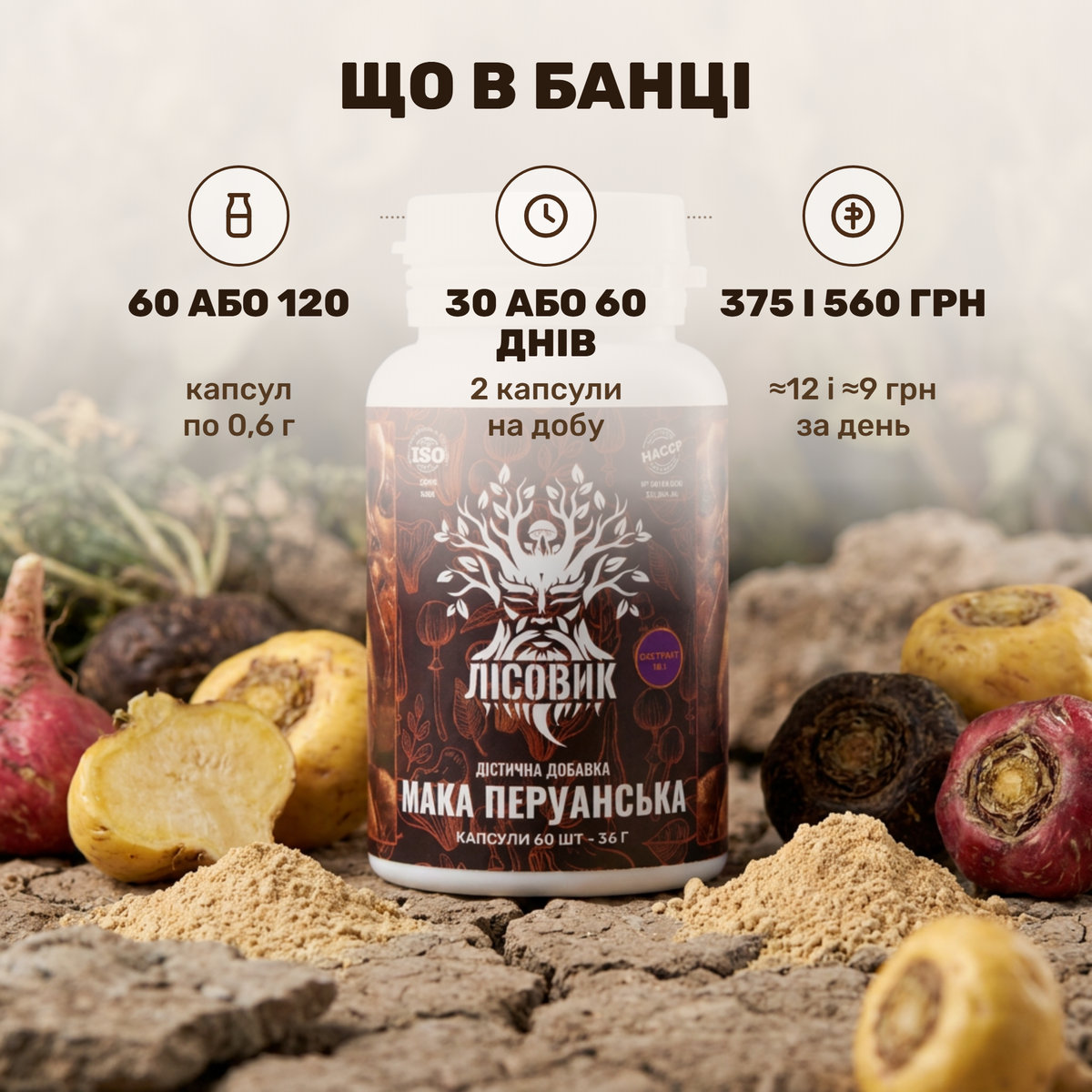 Банка маки перуанської Лісовик у капсулах поряд із коренеплодами Lepidium meyenii