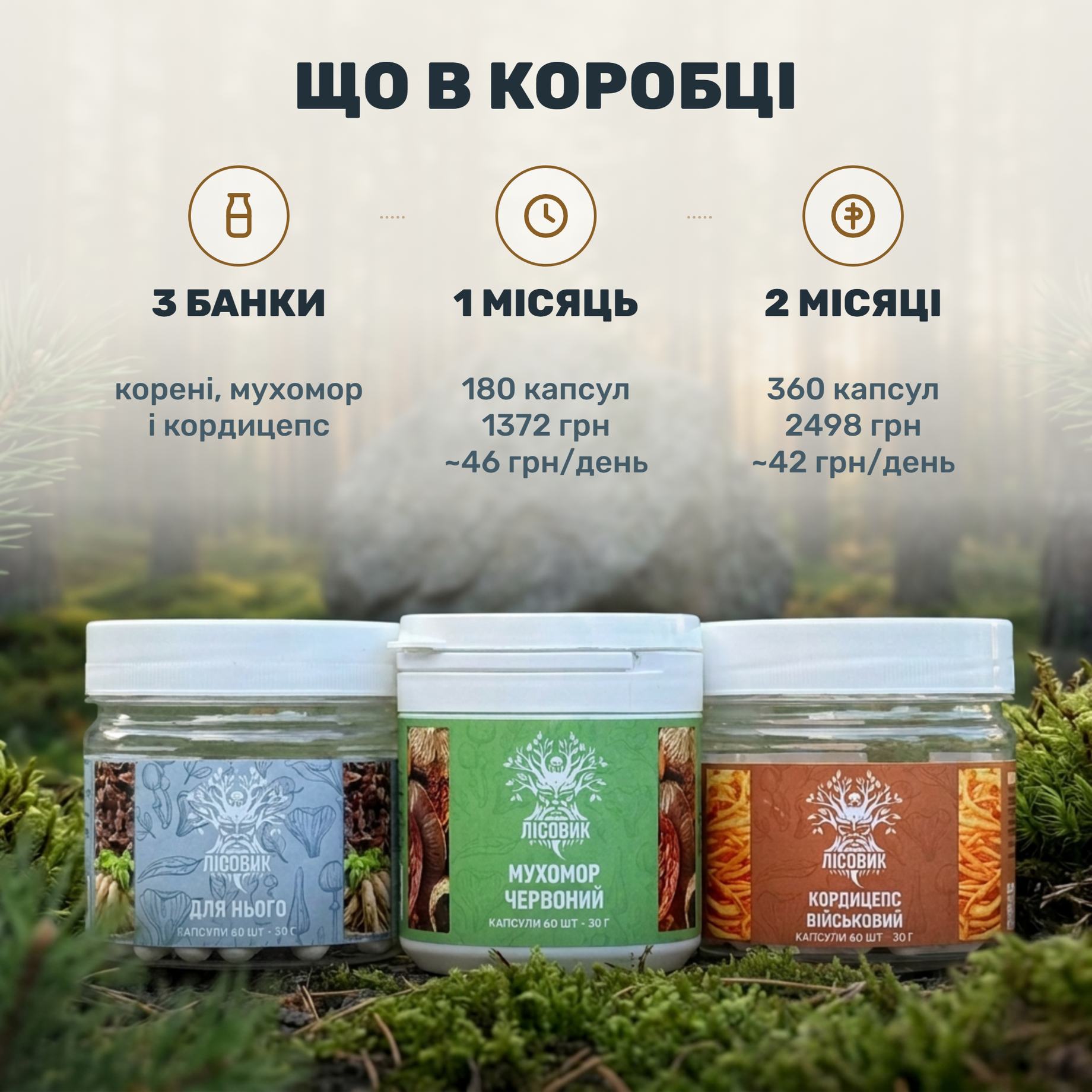 Курс MAN Лісовик: три банки капсул — «Для него» с золотым корнем и женьшенем, микродозинг мухомора красного и кордицепс военный