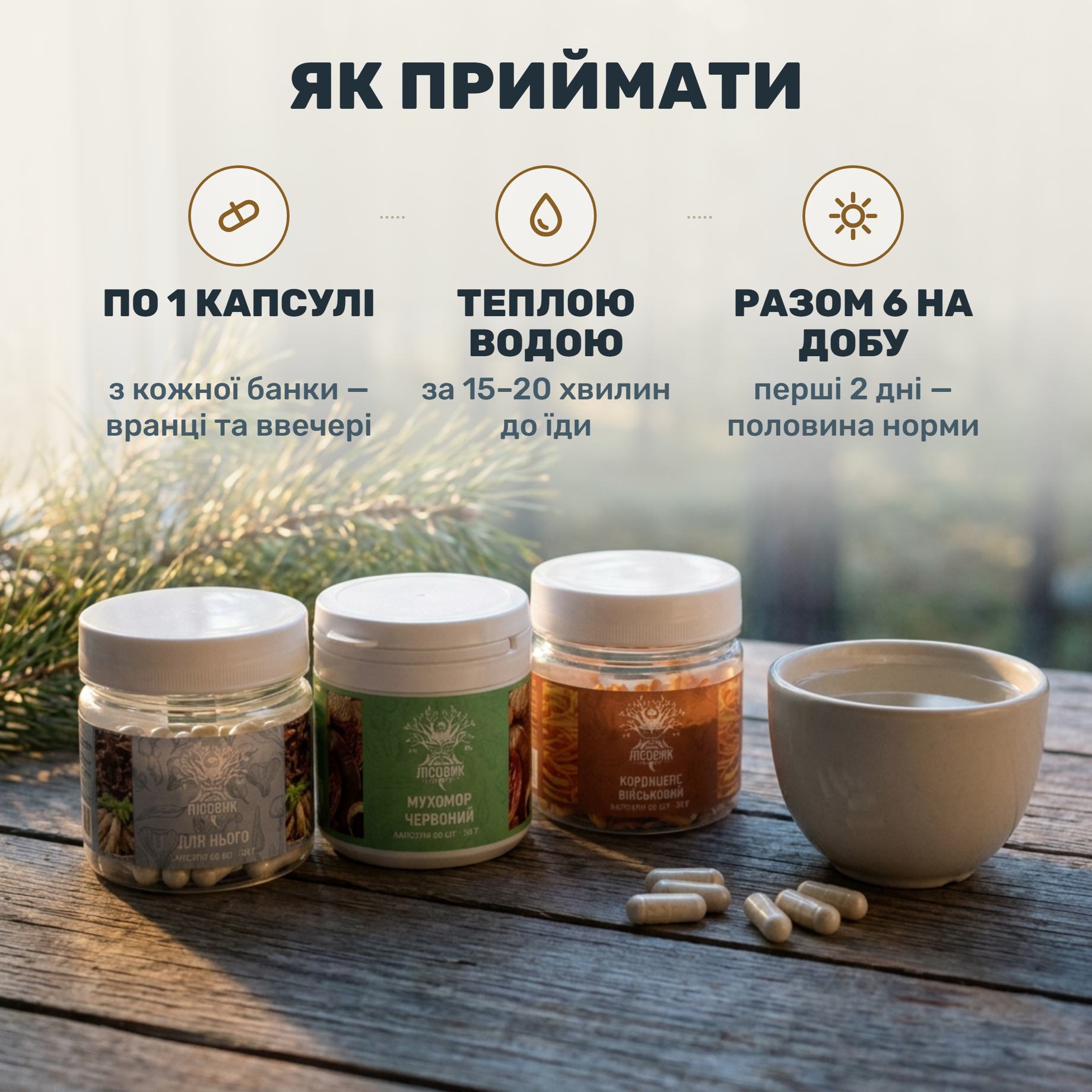 Три банки курса MAN Лісовик — корни «Для него», красный мухомор в микродозинге и кордицепс — рядом со стаканом тёплой воды