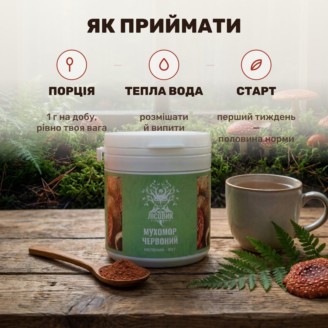 Молотые шляпки мухомора красного Лісовик — непрозрачная банка 50 г, четверть чайной ложки порошка и стакан тёплой воды