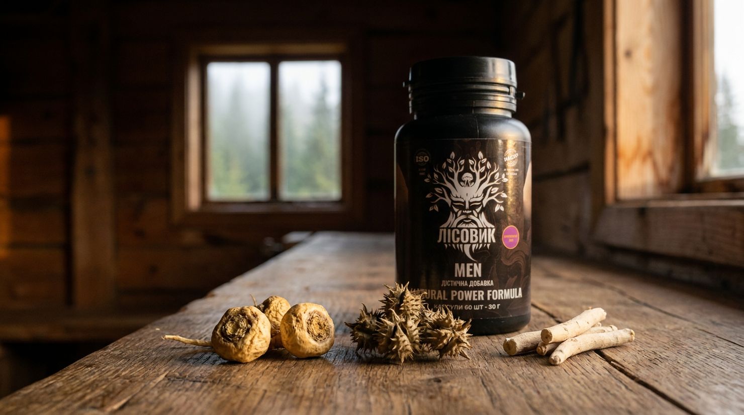 Банка MEN Natural Power Formula на деревянном верстаке рядом с корнями маки, плодами трибулуса и корнем ашваганды