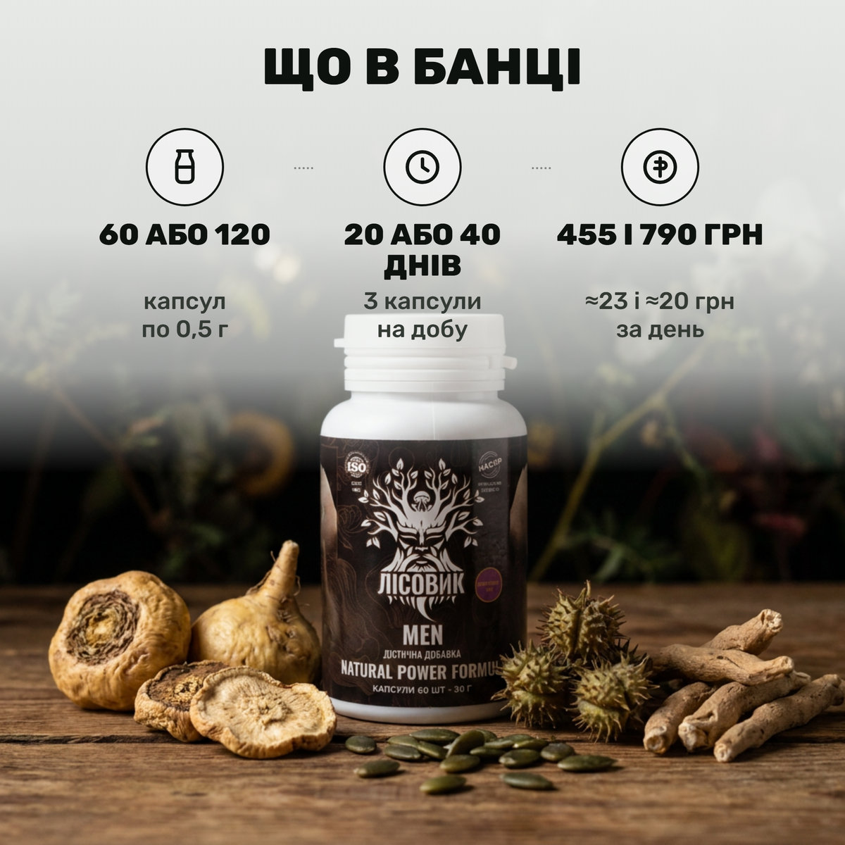 Банка MEN Natural Power Formula Лісовик у капсулах на темному тлі