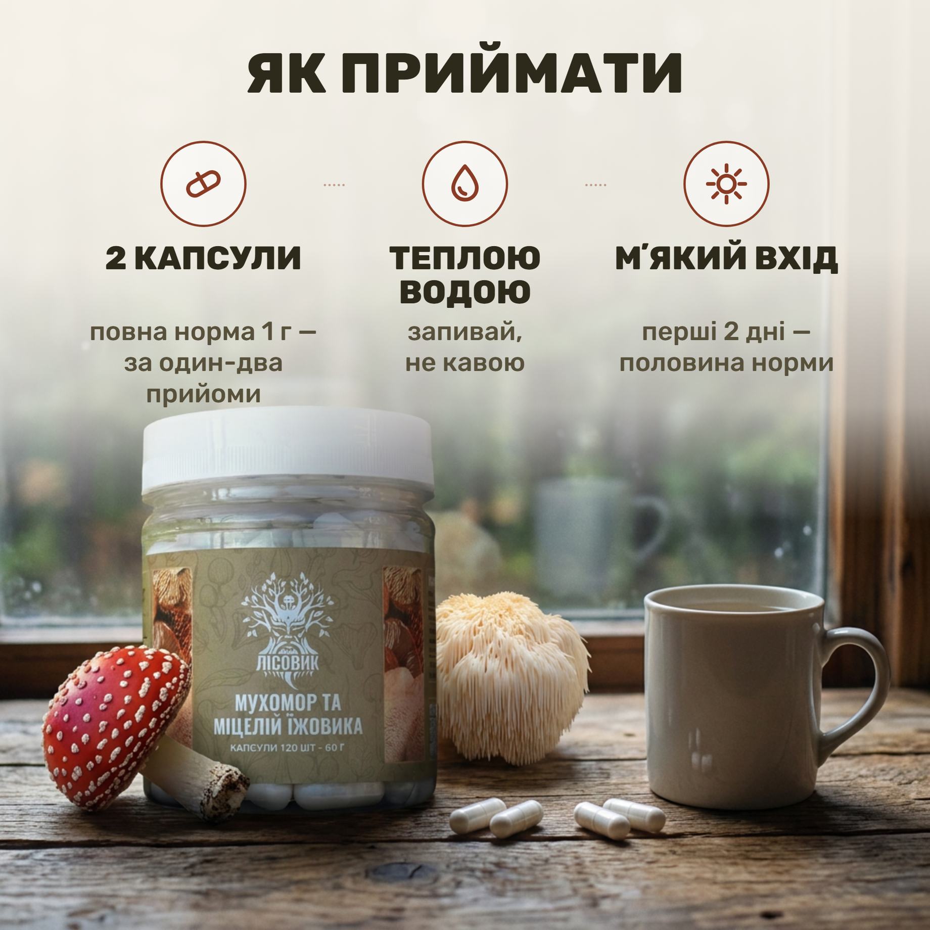 Микс мицелия ежовика с красным мухомором Лісовик — банка, две капсулы и тёплая вода