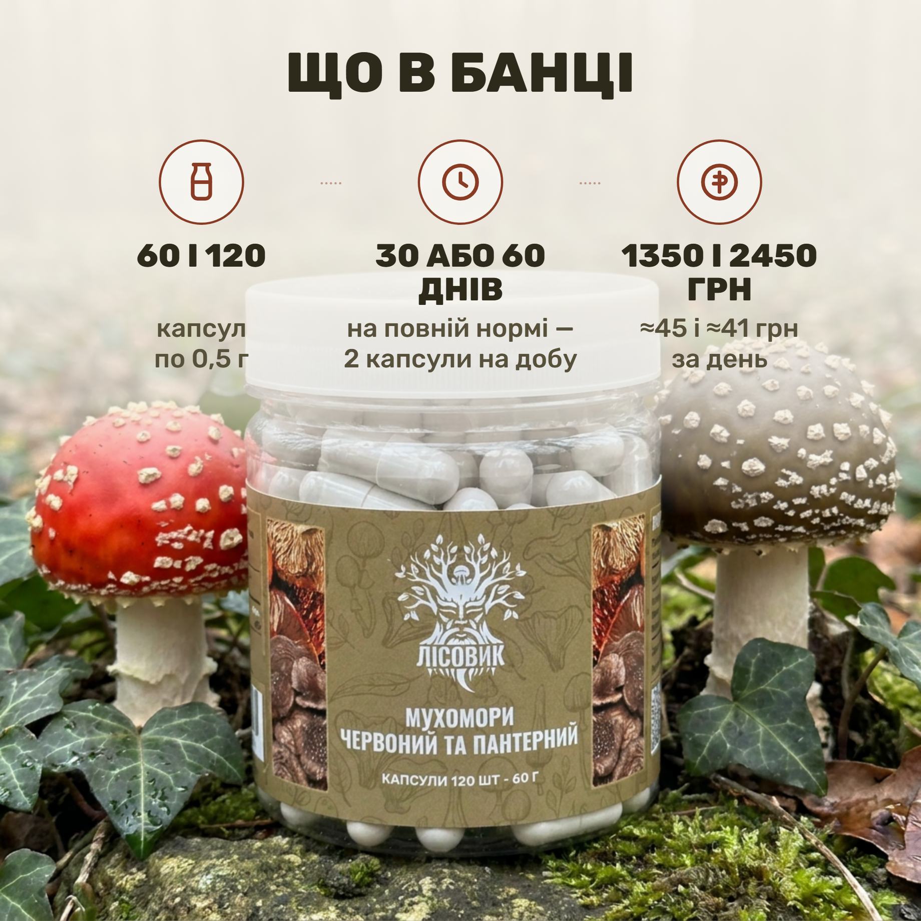 Микс мухомора красного и пантерного Лісовик — прозрачная банка капсул по 0,5 г