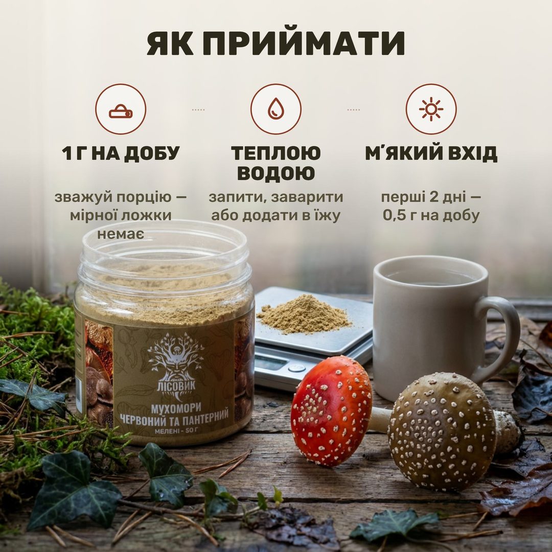 Мелений мікс мухоморів Лісовик — прозора банка з помелом двох видів і кухонні ваги