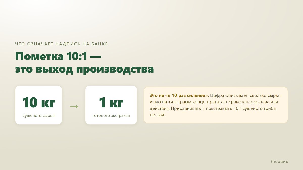 Схема выхода производства: из 10 кг сушёного сырья получается 1 кг готового экстракта, и это не значит силу в 10 раз больше