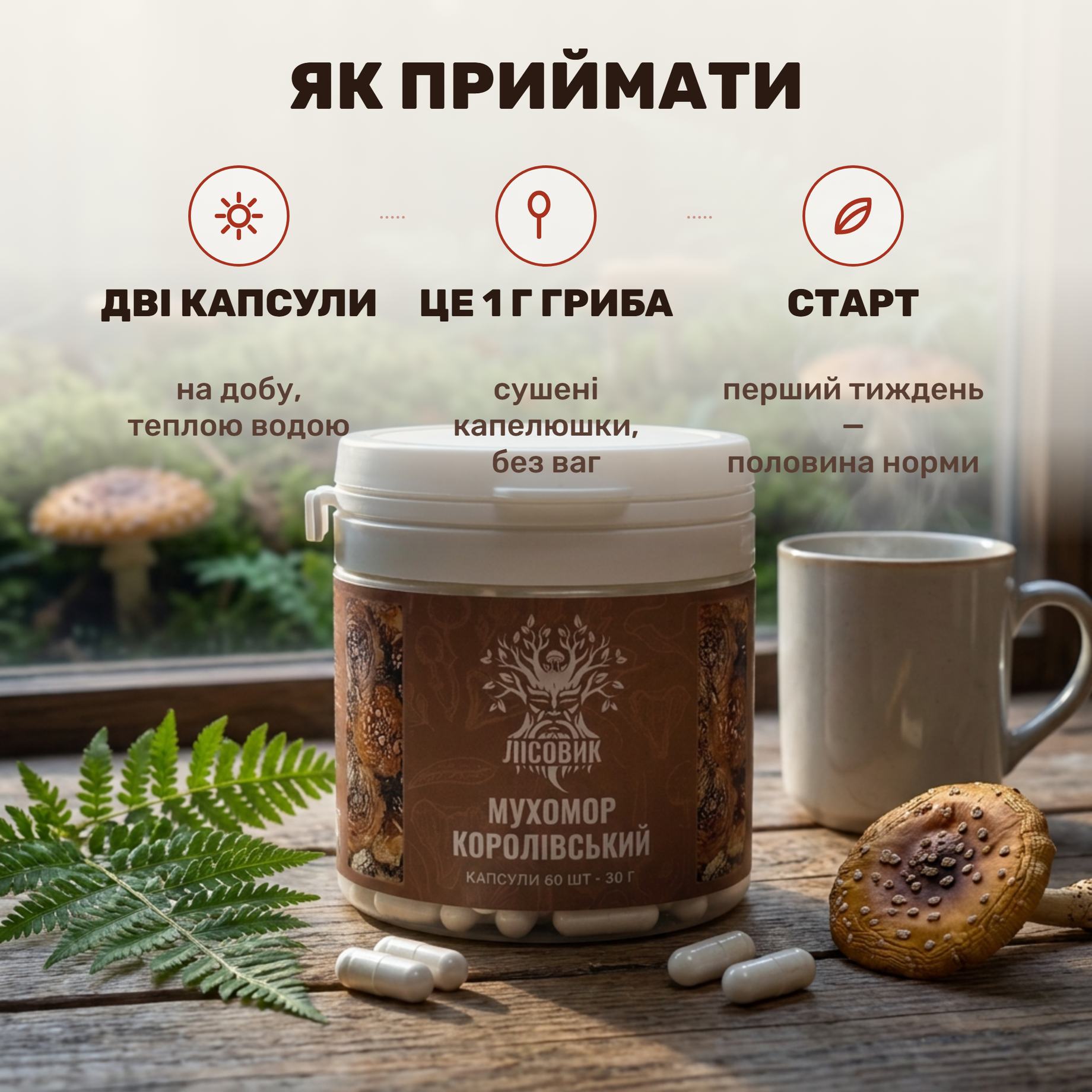 Королівський мухомор Лісовик — банка капсул, дві капсули на долоні й склянка теплої води
