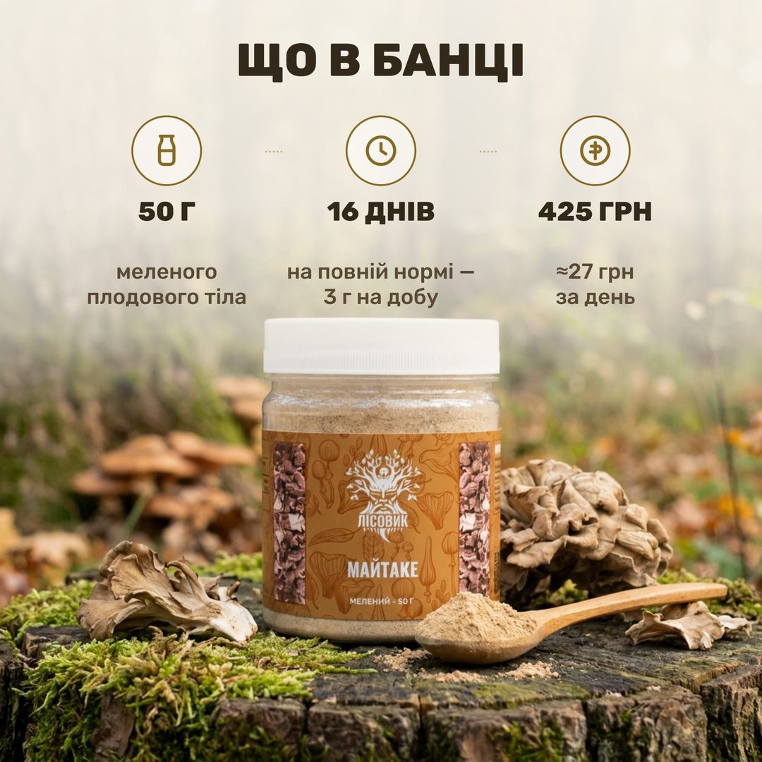 Молотый порошок майтаке в банке Лісовик и волнистые шляпки сушёного гриба рядом