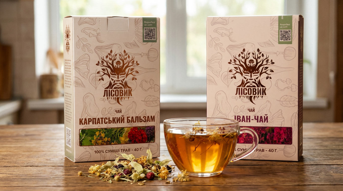 Коробки карпатского травяного чая Лисовик и заваренный напиток в чашке на деревянном столе