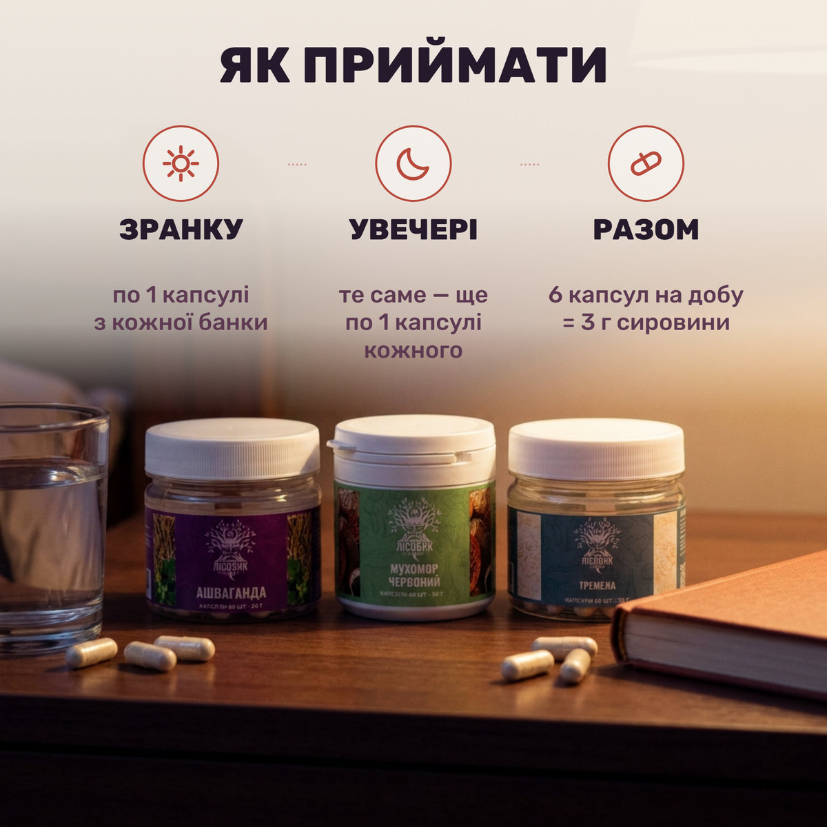 Три банки курсу Night Balance Лісовик: мухомор, ашваганда і тремела — по капсулі двічі на день