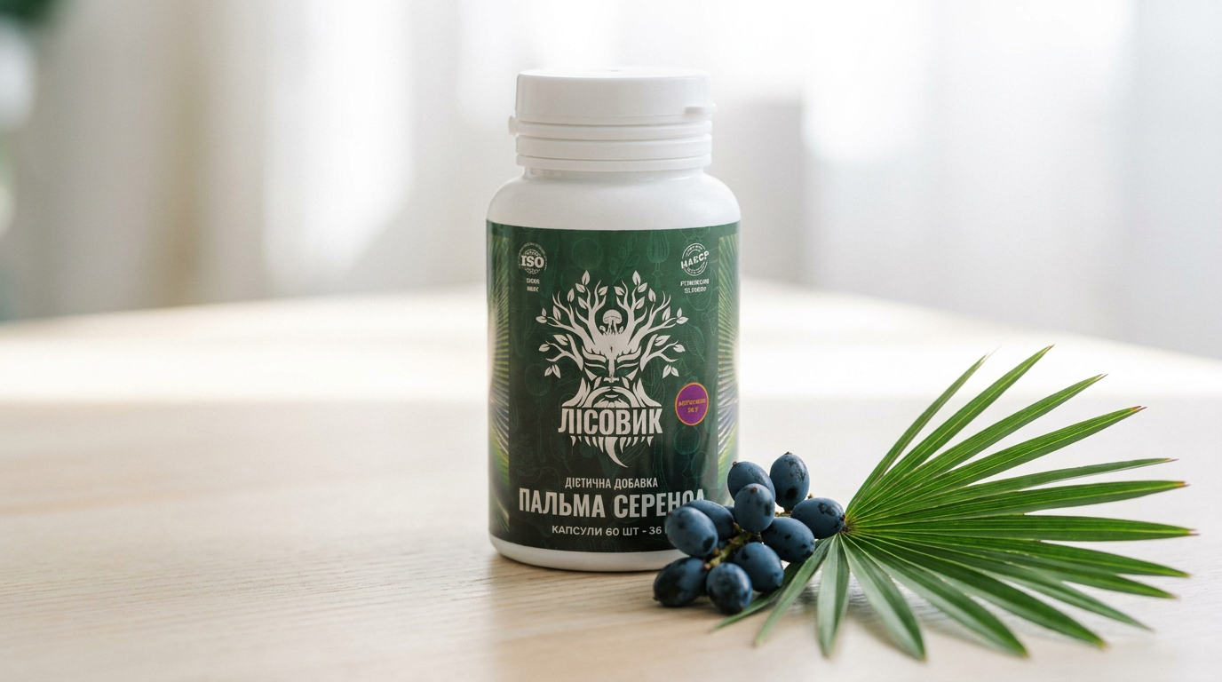 Банка экстракта пальмы сереноа на светлом столе, рядом ветка карликовой пальмы с сине-чёрными ягодами