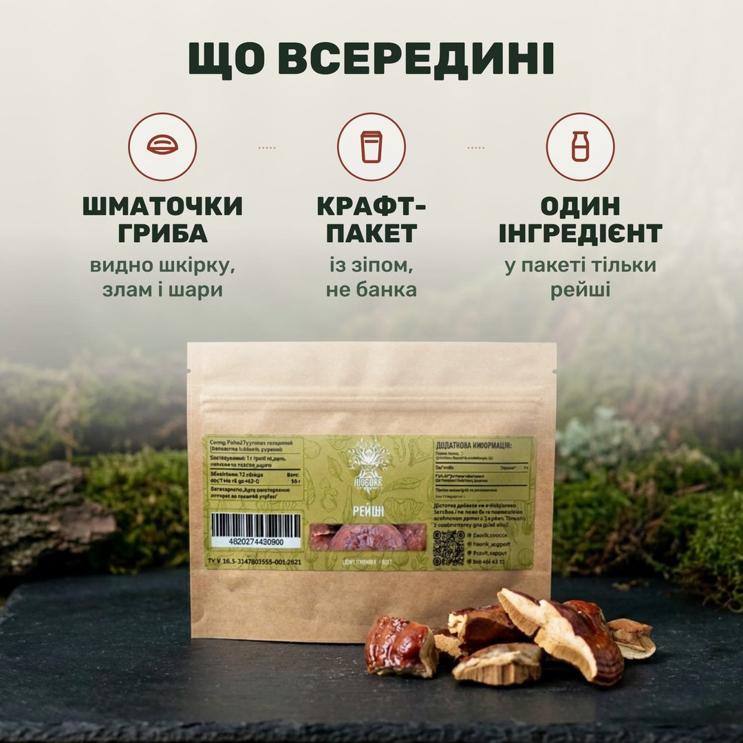 Шматочки сушених плодових тіл рейші з темним глянцем і світлим зламом поряд із крафтовим пакетом Лісовик і чашкою темного настою