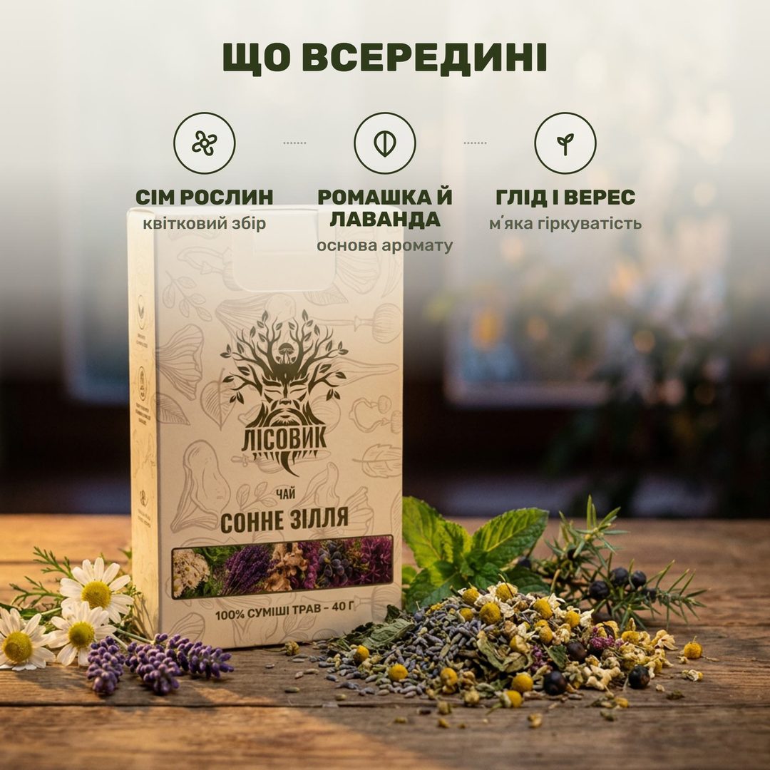 Сухой сбор «Сонное зелье» Лесовик: соцветия ромашки, цветки лаванды и вереска, шишкоягоды можжевельника