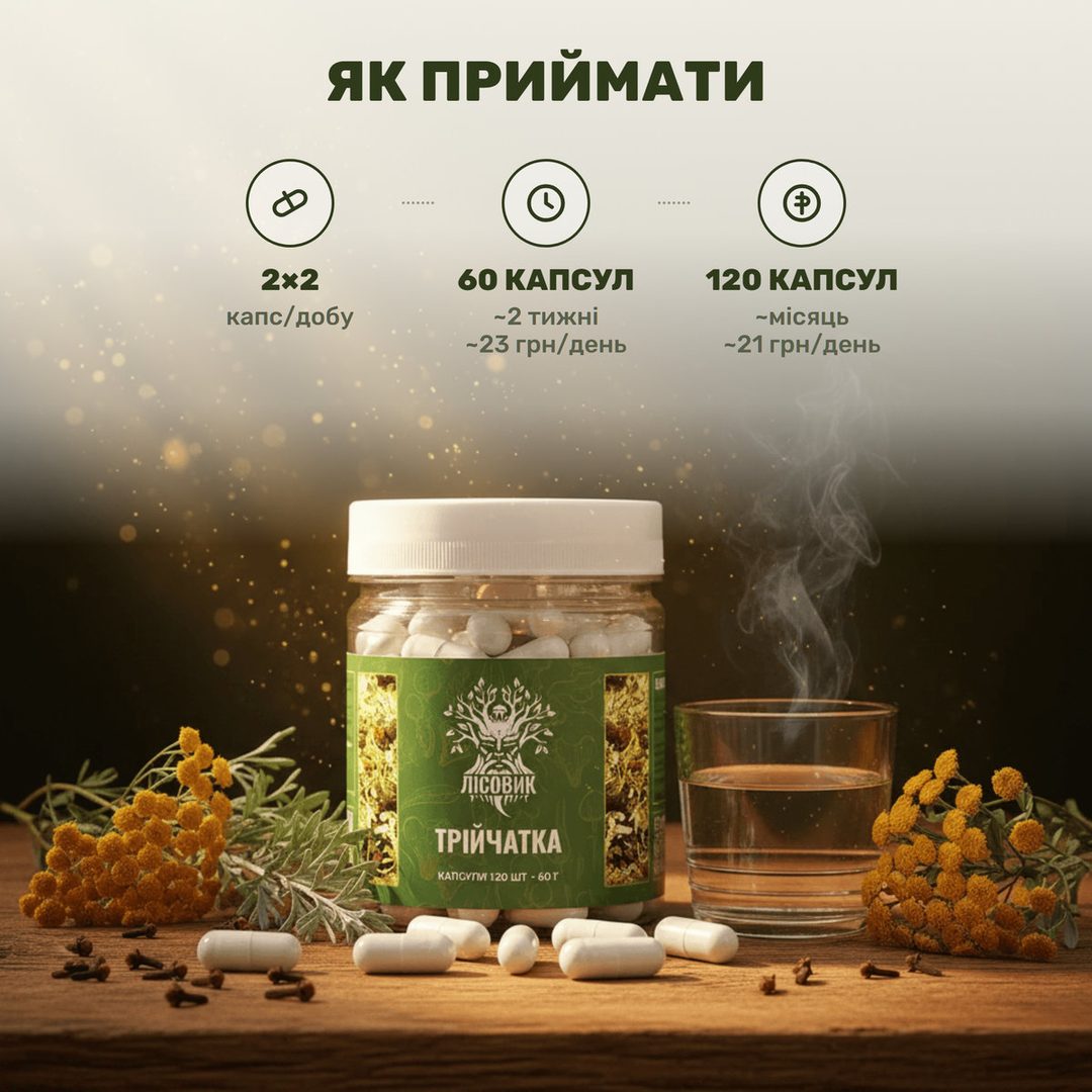 Взрослый человек держит банку Тройчатки Лісовик — сезонная поддержка пищеварения