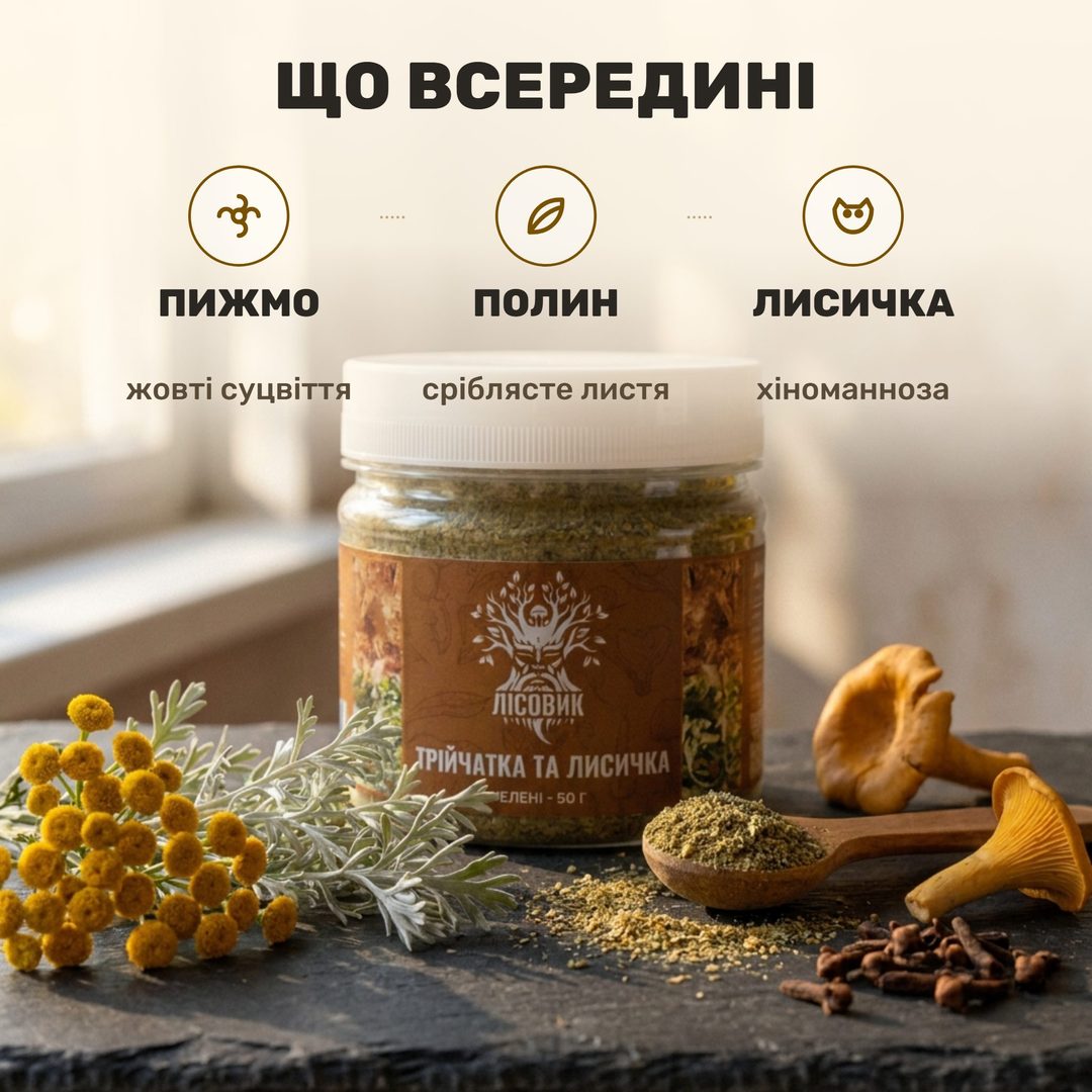 Банка меленої трійчатки з лисичкою Лісовик на сланцевій дошці: жовті суцвіття пижма, сріблястий полин, гвоздика, сушені лисички й ложка помелу