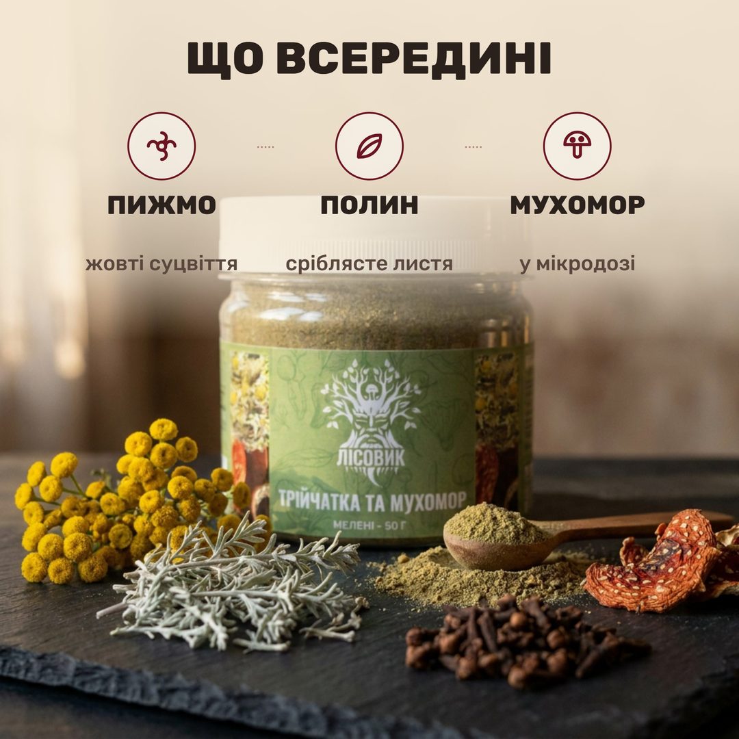 Помел трійчатки з червоним мухомором — пижмо, полин, гвоздика та сушений гриб поряд із банкою Лісовик