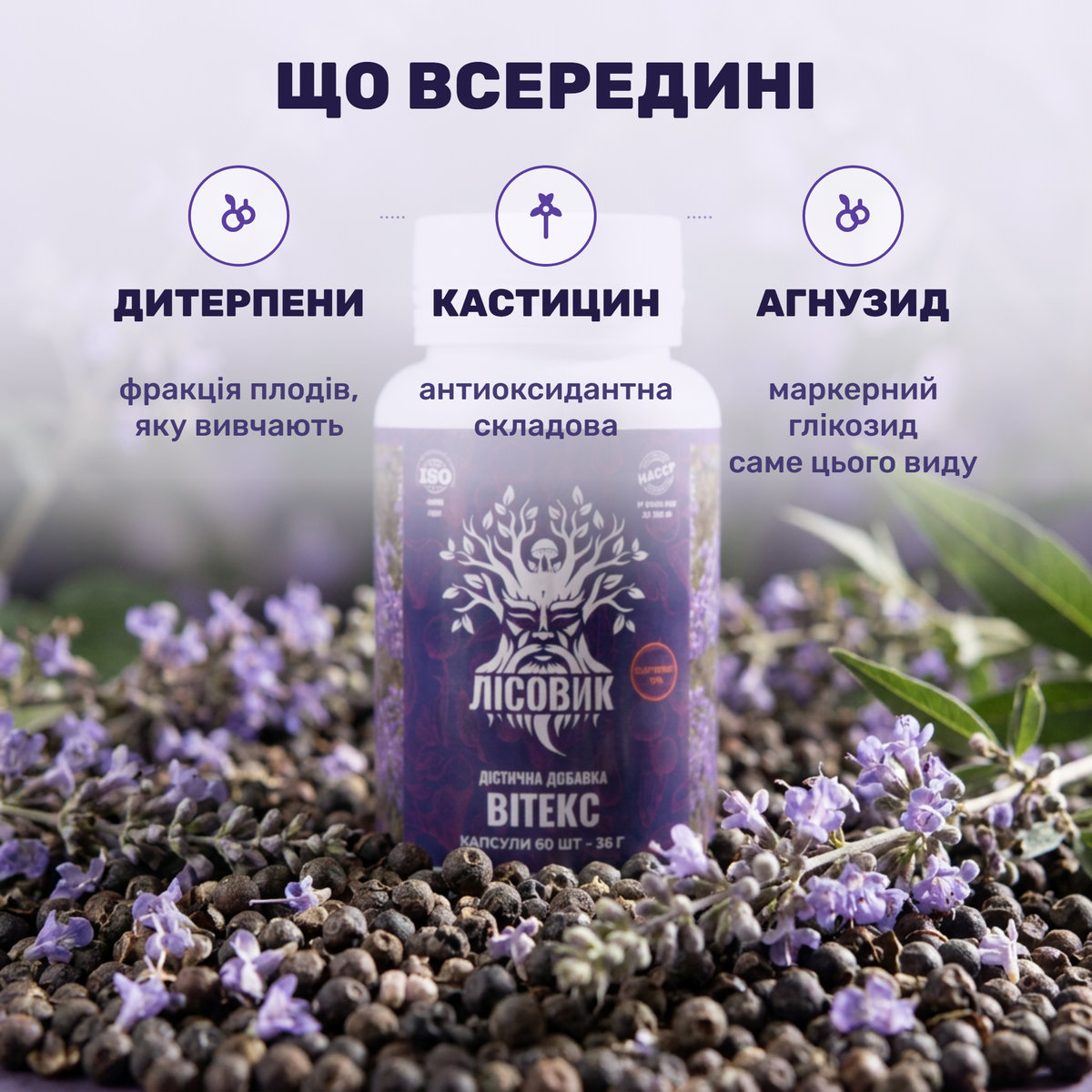 Суцвіття та плоди вітексу священного поряд із капсулами Лісовик