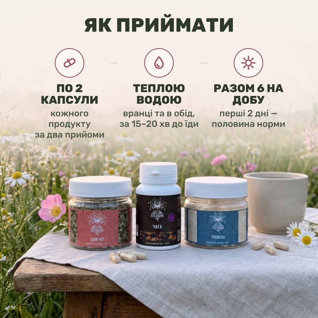 Схема прийому курсу WOMEN Лісовик: три банки — «Для неї», чага в екстракті 10:1 і тремела — та чашка води